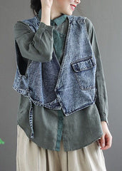 Natural Blue pockets tie waist Asymmetrical denim vest