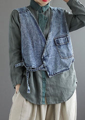 Natural Blue pockets tie waist Asymmetrical denim vest