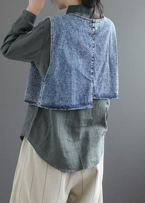 Natural Blue pockets tie waist Asymmetrical denim vest