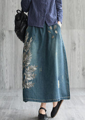 Natural Dark Blue pockets Embroideried Cotton denim Skirts