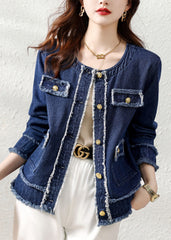 Natural Denim Blue O-Neck Patchwork Button Coat Long Sleeve