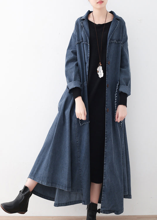 Natural Denim Blue Peter Pan Collar Patchwork Pockets Button Cotton Coats Long Sleeve