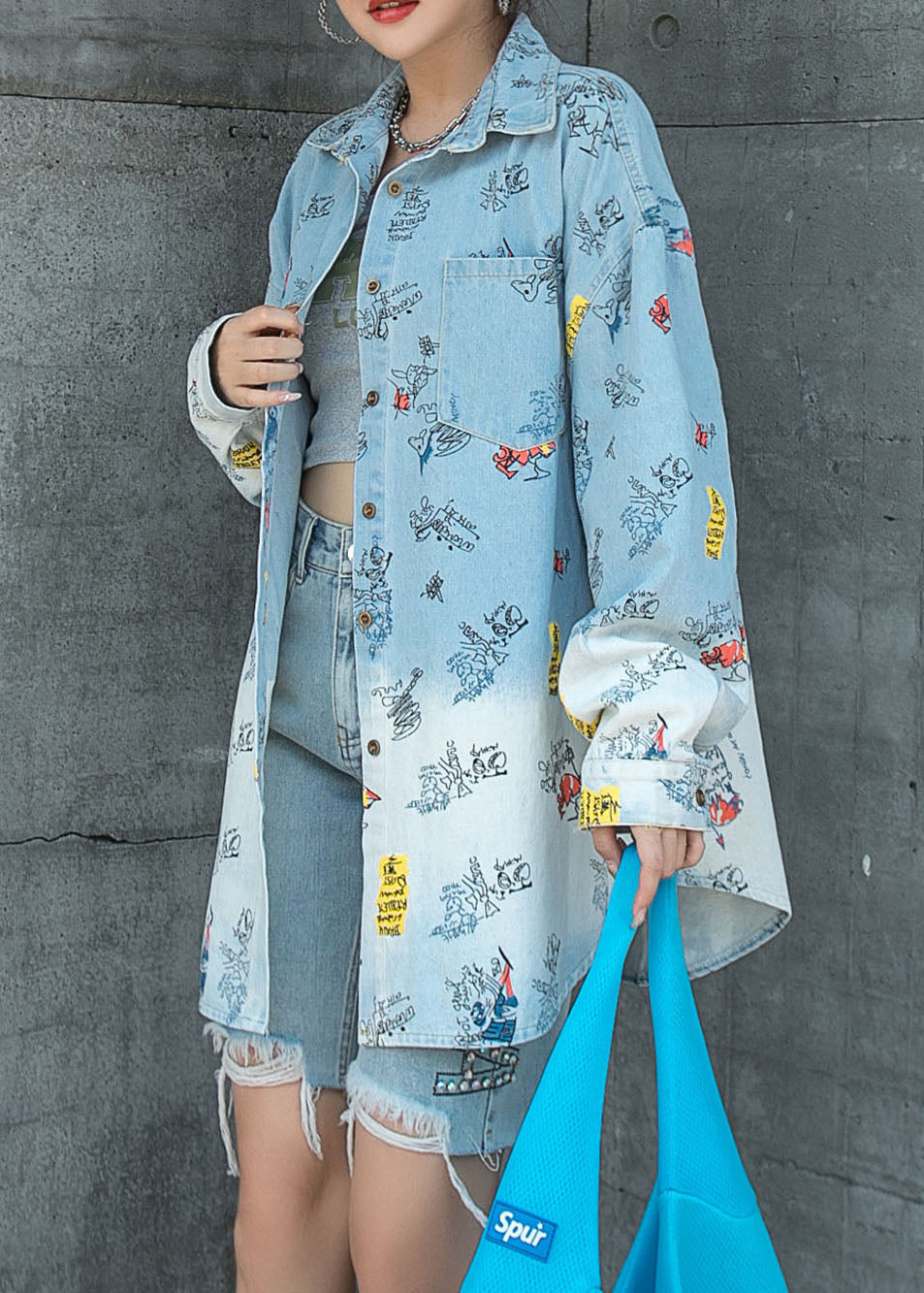 Natural Light Blue Peter Pan Collar Pockets Patchwork Denim Coat