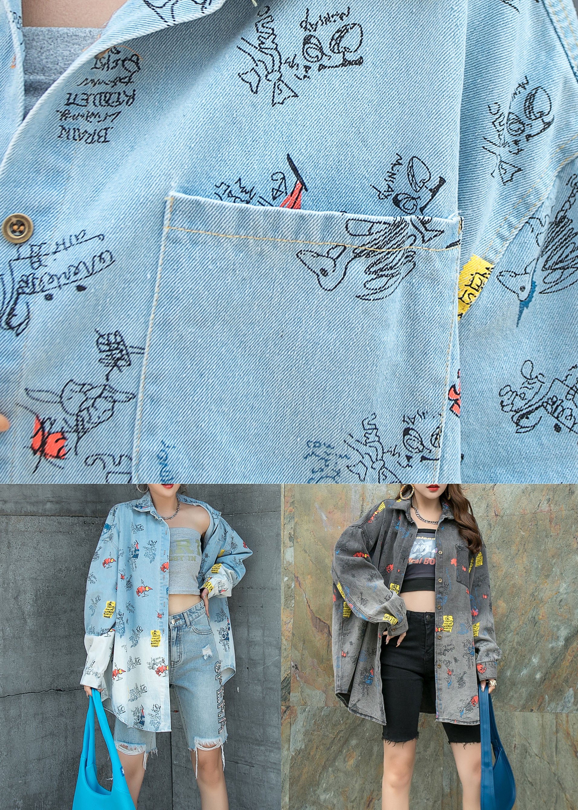 Natural Light Blue Peter Pan Collar Pockets Patchwork Denim Coat