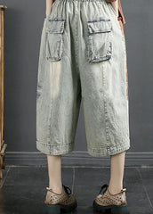 Natural Light Grey Pockets Patchwork Denim Crop Pants