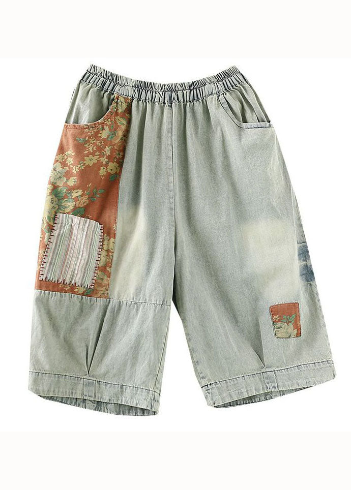 Natural Light Grey Pockets Patchwork Denim Crop Pants