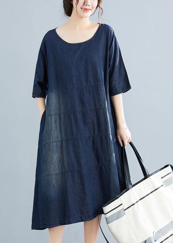 Natural denim blue Cotton outfit 18th Century Catwalk o neck Midi Dresses