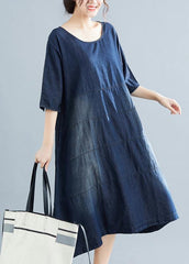 Natural denim blue Cotton outfit 18th Century Catwalk o neck Midi Dresses