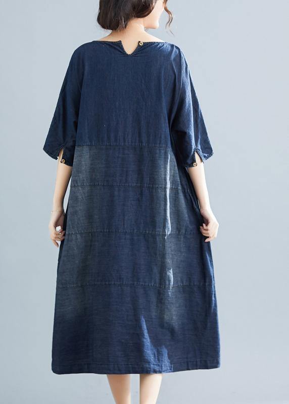 Natural denim blue Cotton outfit 18th Century Catwalk o neck Midi Dresses