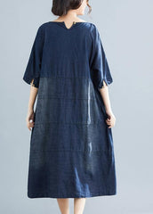 Natural denim blue Cotton outfit 18th Century Catwalk o neck Midi Dresses