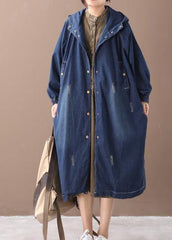 Natural hooded Hole Plus Size outfit denim blue silhouette coats