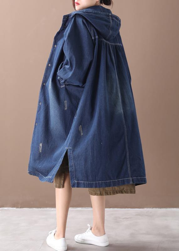 Natural hooded Hole Plus Size outfit denim blue silhouette coats