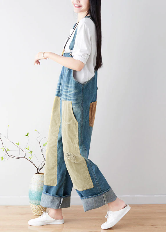 Natural Blue pockets Patchwork denim Jumpsuits