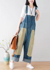 Natural Blue pockets Patchwork denim Jumpsuits