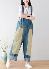 Natural Blue pockets Patchwork denim Jumpsuits