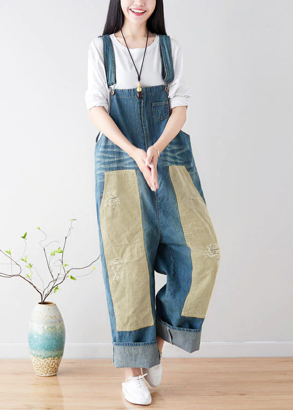 Natural Blue pockets Patchwork denim Jumpsuits