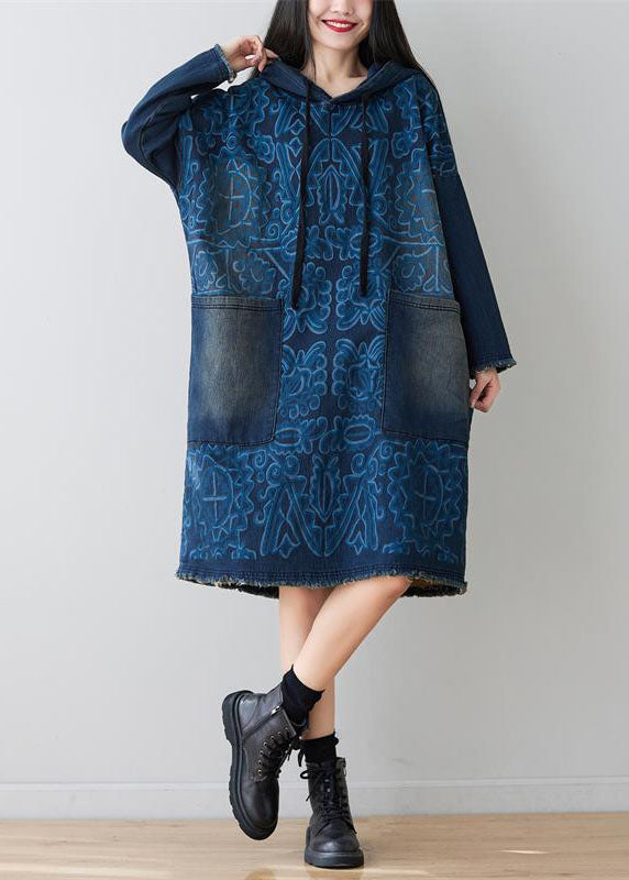 Navy Patchwork Pockets Print Denim Dress Hooded