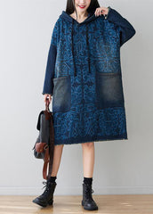 Navy Patchwork Pockets Print Denim Dress Hooded