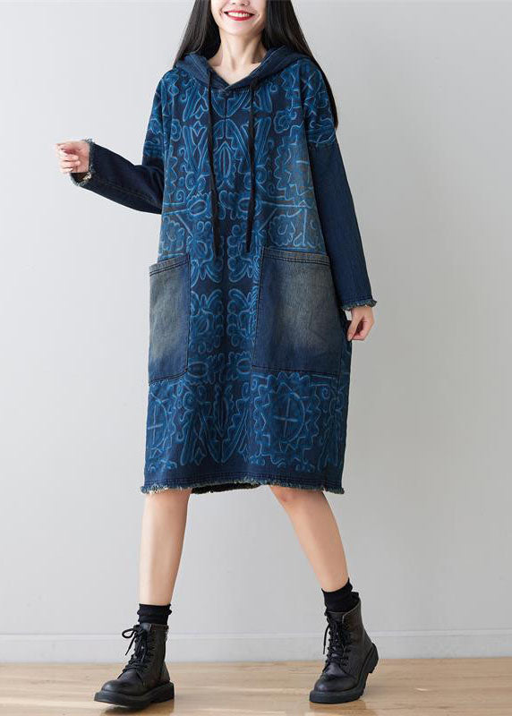 Navy Patchwork Pockets Print Denim Dress Hooded