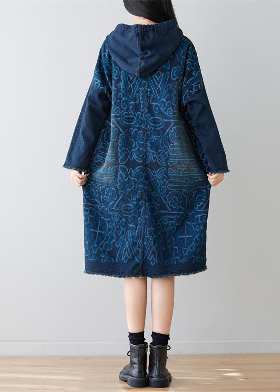 Navy Patchwork Pockets Print Denim Dress Hooded