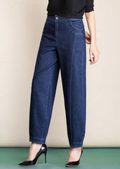 Navy Pockets Patchwork Cotton Denim Harem Pants High Waist