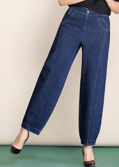 Navy Pockets Patchwork Cotton Denim Harem Pants High Waist