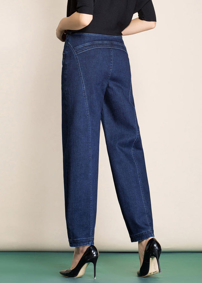 Navy Pockets Patchwork Cotton Denim Harem Pants High Waist