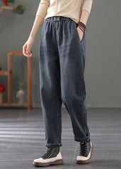 Navy Warm Fleece Denim Harem Pants Elastic Waist