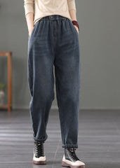 Navy Warm Fleece Denim Harem Pants Elastic Waist