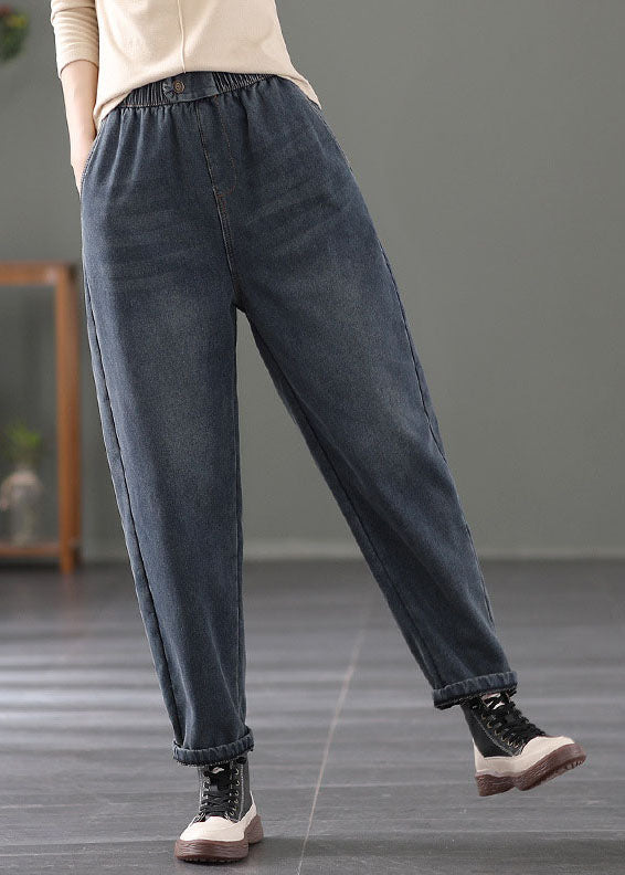 Navy Warm Fleece Denim Harem Pants Elastic Waist