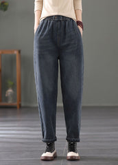 Navy Warm Fleece Denim Harem Pants Elastic Waist