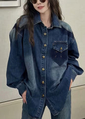 New Blue Peter Pan Collar Button Denim Shirts Coats Long Sleeve