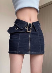 New Navy Zip Up Sashes Patchwork Denim Skirts