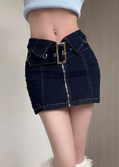 New Navy Zip Up Sashes Patchwork Denim Skirts