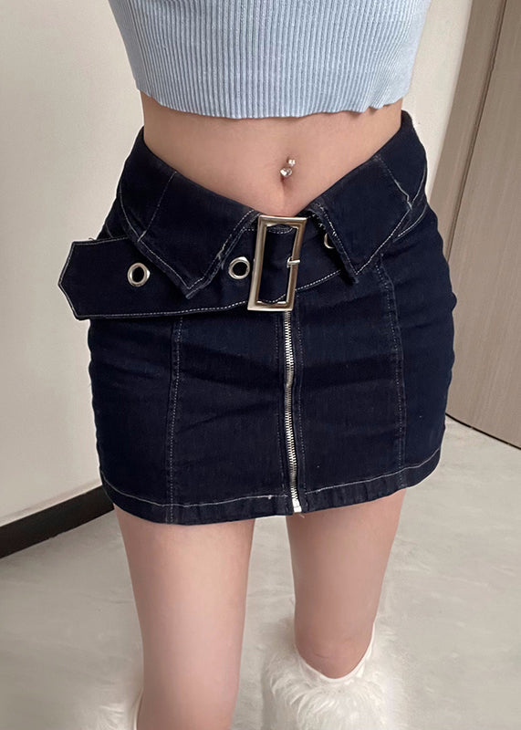 New Navy Zip Up Sashes Patchwork Denim Skirts