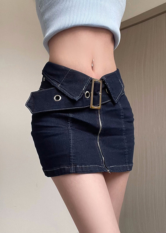 New Navy Zip Up Sashes Patchwork Denim Skirts