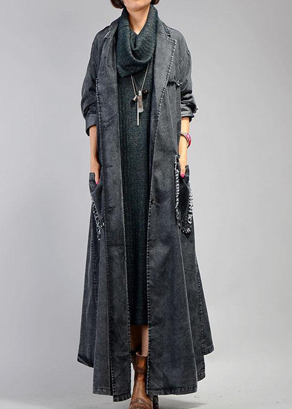 New plus size maxi coat fall denim black Notched Large pockets coat for woman