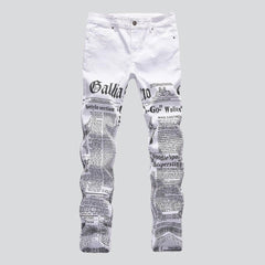 Newspaper print men white jeans