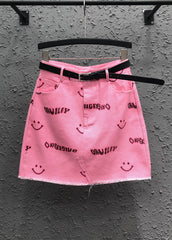 Novel Pink Smiley Face Printed Pocket Denim Skirt