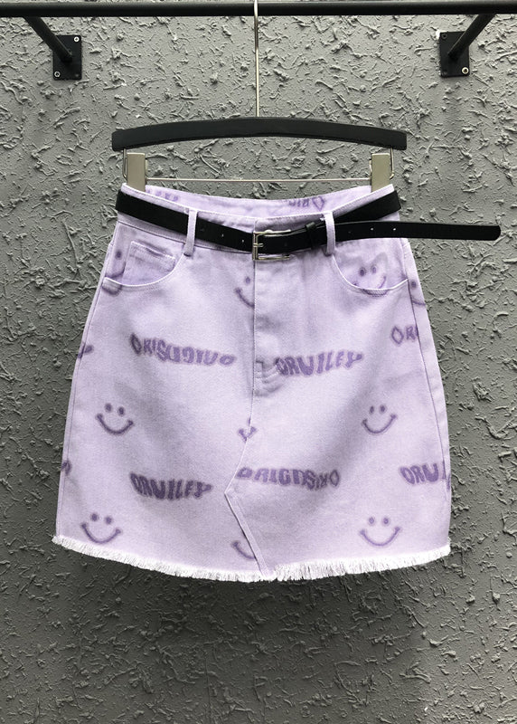 Novel Pink Smiley Face Printed Pocket Denim Skirt