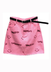 Novel Pink Smiley Face Printed Pocket Denim Skirt