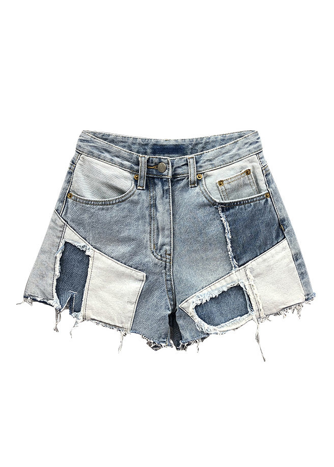 Neuartige blaue asymmetrische Patchwork-Jeansshorts mit hoher Taille