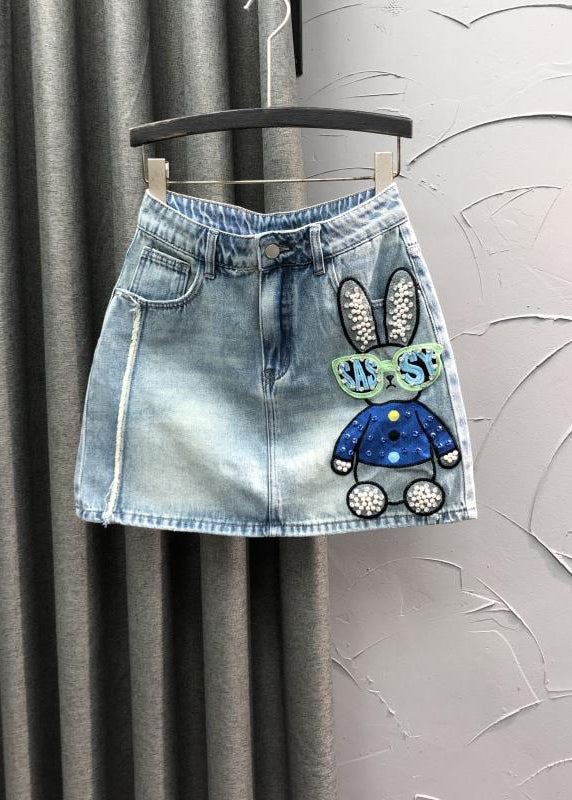 Novelty Blue Embroideried Nail Bead Patchwork Denim Skirt