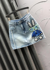 Novelty Blue Embroideried Nail Bead Patchwork Denim Skirt