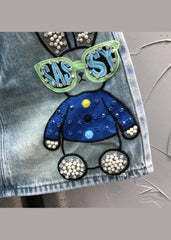 Novelty Blue Embroideried Nail Bead Patchwork Denim Skirt