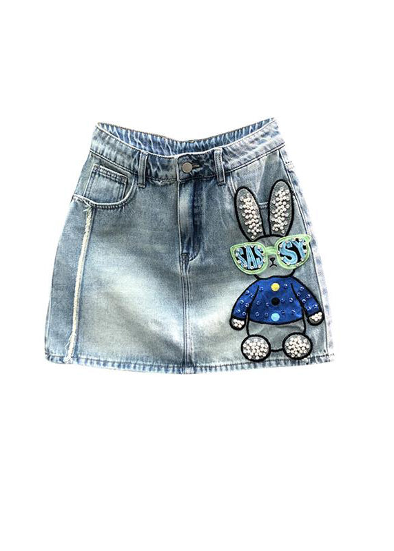 Novelty Blue Embroideried Nail Bead Patchwork Denim Skirt