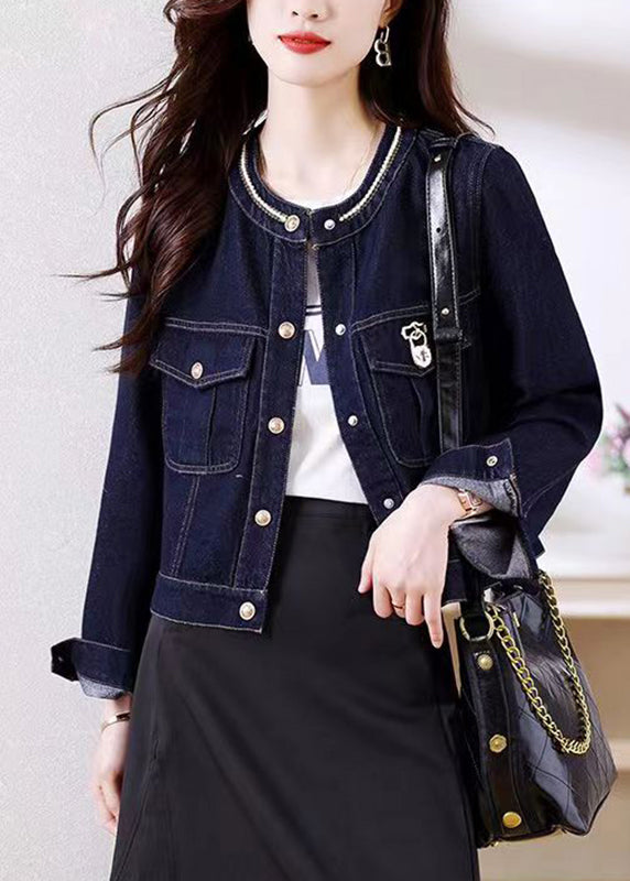 Novelty Dark Blue Patchwork Button Denim Coats Fall