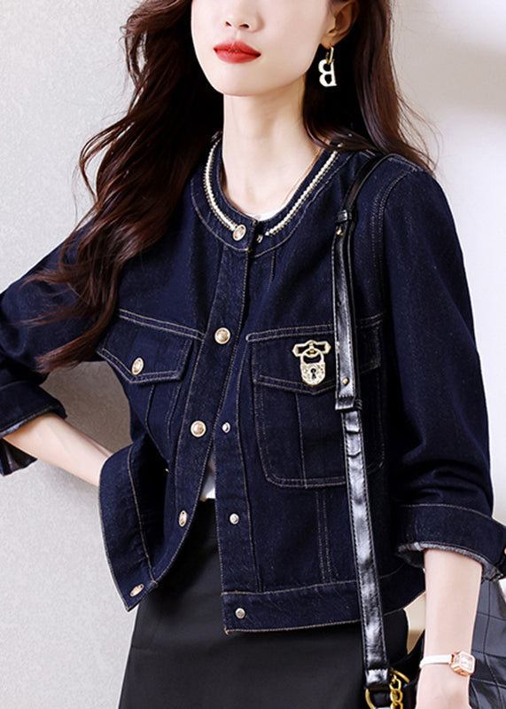 Novelty Dark Blue Patchwork Button Denim Coats Fall