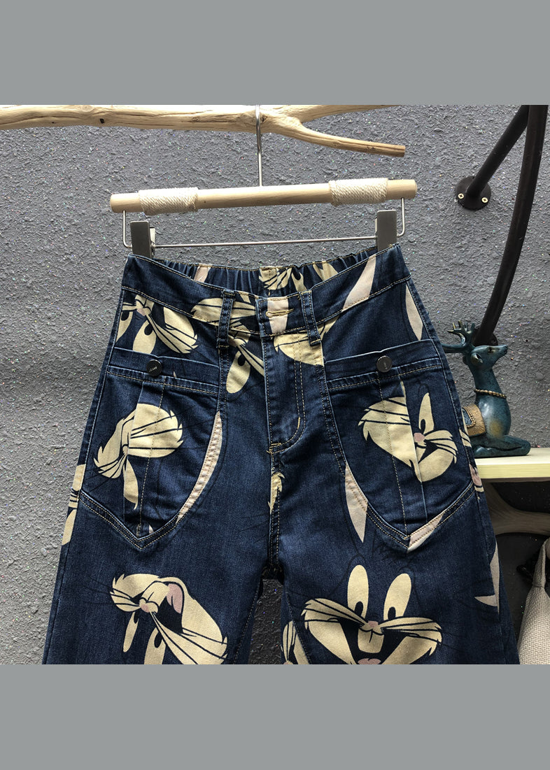 Pantalones vaqueros de patchwork con bolsillos y estampado de dibujos animados de la marina novedosos para otoño