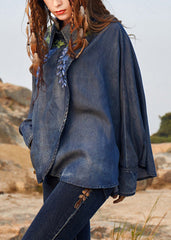 Novelty denim Blue asymmetrical design Peter Pan Collar Embroideried Cotton Top Long Sleeve